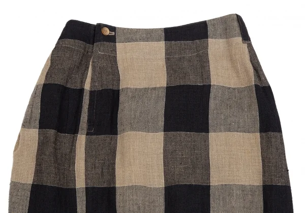 イッセイミヤケISSEY MIYAKE ブロックチェックつまみドレープスカート ベージュ黒9 K-129107_010