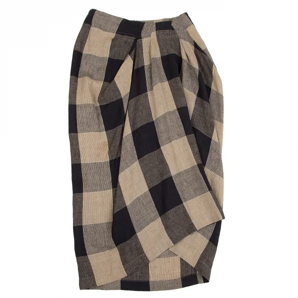 イッセイミヤケISSEY MIYAKE ブロックチェックつまみドレープスカート ベージュ黒9 K-129107_002