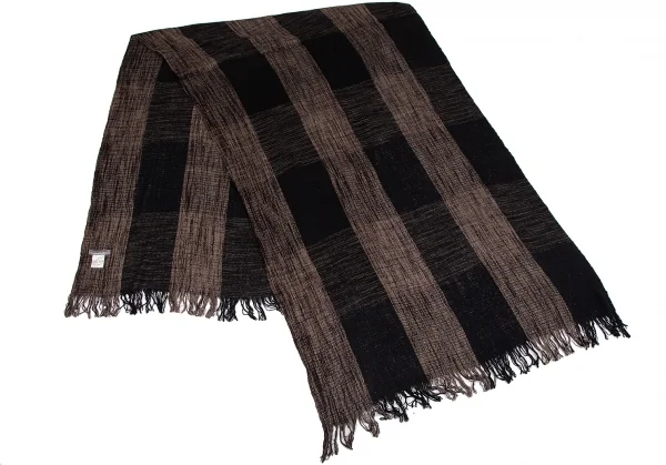イッセイミヤケISSEY MIYAKE MEN シルクチェックフリンジマフラー 黒ベージュ K-129110_002