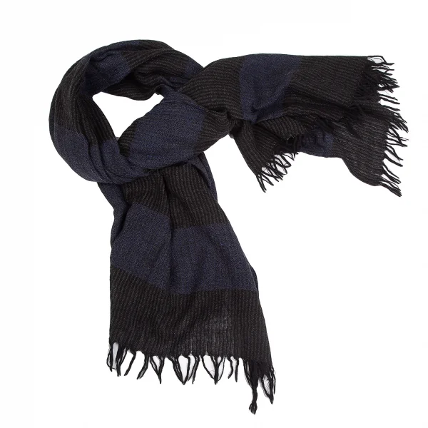 イッセイミヤケペルマネンテISSEY MIYAKE PERMANENTE ウールシルクボーダーフリンジマフラー 黒青 K-129112_001