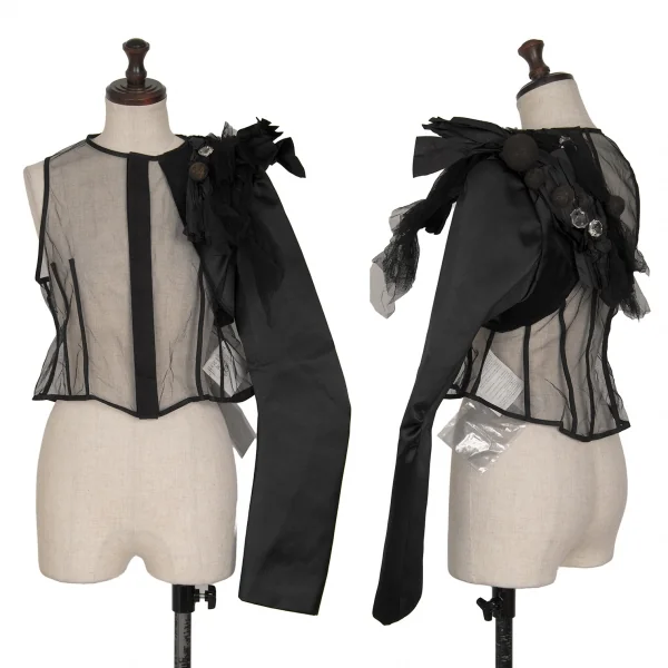 コムデギャルソンCOMME des GARCONS モチーフ装飾片袖メッシュトップス 黒S位 K-129584_001