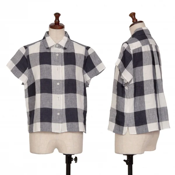 MARGARET HOWELL Linen Check Short Sleeve Shirt Navy,White 2 K-130839_001