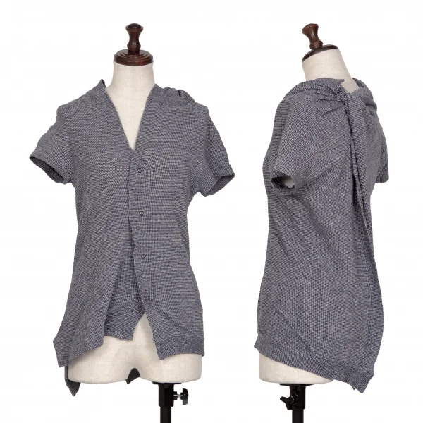 ヨウジヤマモト ノアールYohji Yamamoto NOIR コットン変形アシンメトリースナップボタン半袖シャツ 紺2 K-130847_001