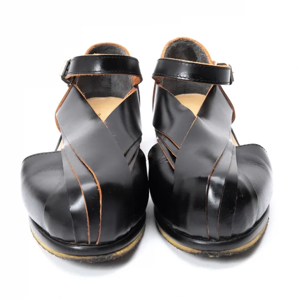 コムデギャルソンCOMME des GARCONS レザー切替アンクルストラップフラットサンダル 黒24.5 K-130867_002