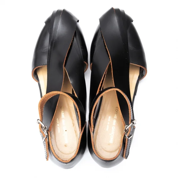 コムデギャルソンCOMME des GARCONS レザー切替アンクルストラップフラットサンダル 黒24.5 K-130867_007