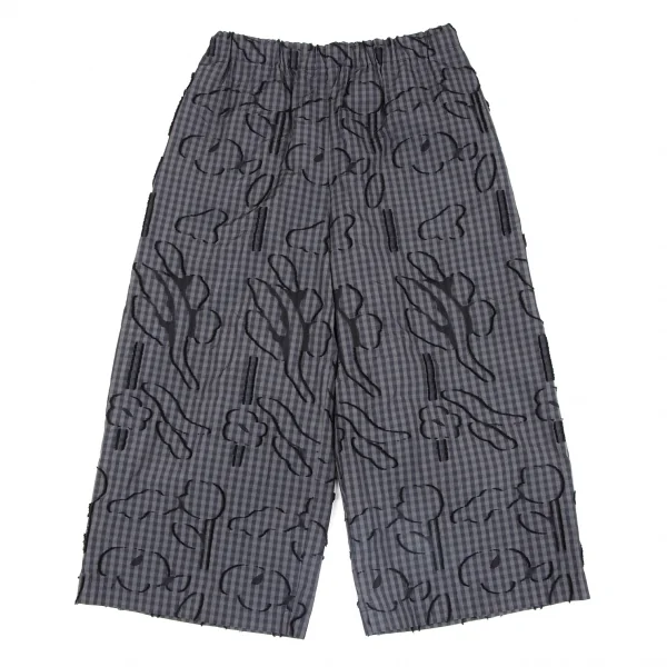 イッセイミヤケ ハートISSEY MIYAKE HaaT コットンポリ総柄フリンジ刺繍ギンガムチェックワイドパンツ カーキ紺黒2 K-131591_001