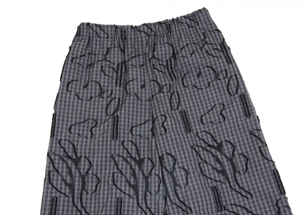イッセイミヤケ ハートISSEY MIYAKE HaaT コットンポリ総柄フリンジ刺繍ギンガムチェックワイドパンツ カーキ紺黒2 K-131591_002