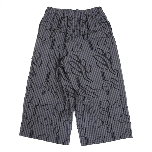 イッセイミヤケ ハートISSEY MIYAKE HaaT コットンポリ総柄フリンジ刺繍ギンガムチェックワイドパンツ カーキ紺黒2 K-131591_008