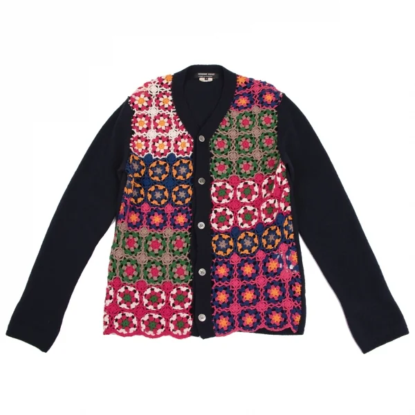 コムデギャルソン オムドゥCOMME des GARCONS HOMME DEUX フラワー編み込みニットカーディガン 紺マルチM K-131708_001