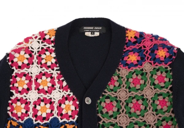 コムデギャルソン オムドゥCOMME des GARCONS HOMME DEUX フラワー編み込みニットカーディガン 紺マルチM K-131708_002