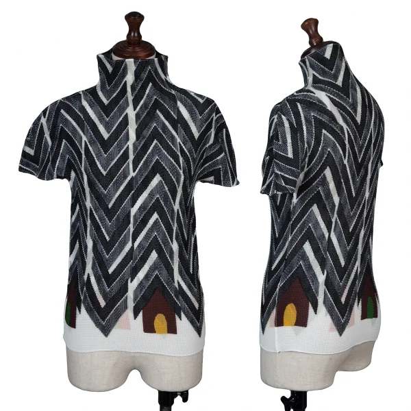ISSEY MIYAKE me House Printed Stretch Pleats T Shirt Navy Free K-131814_001