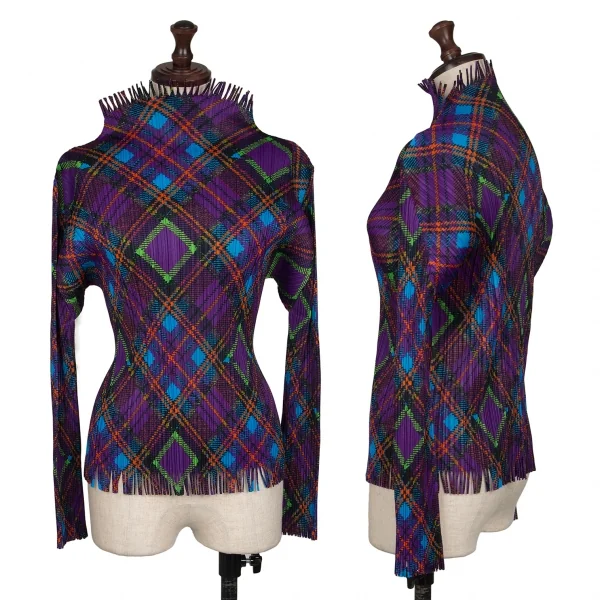 PLEATS PLEASE Argyle Print Fringe T Shirt Purple 3 K-132096_001