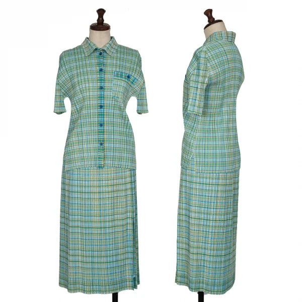 PLEATS PLEASE Check Printed Short Sleeves Shirt & Skirt Green 3 1 K-132130_001