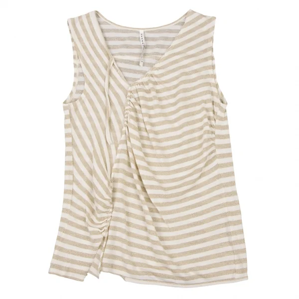 スナオクワハラsunao kuwahara 斜行ギャザーデザイングリッターボーダータンクトップ 白ゴールドM K-132415_002