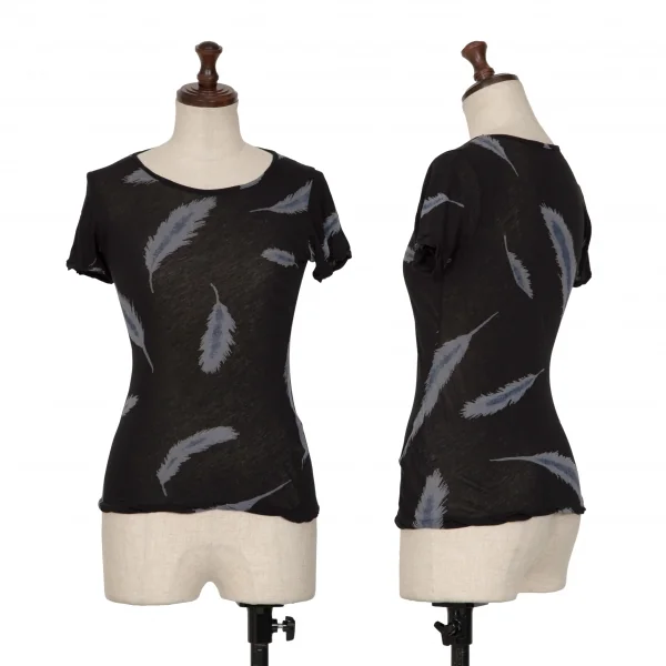 Yohji Yamamoto FEMME Feather Printed See-through T Shirt Black 2 K-132637_001