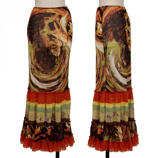 Jean-Paul GAULTIER Graphic Printed Frill Switching Mesh Skirt Multi-Color 40 K-132816_001