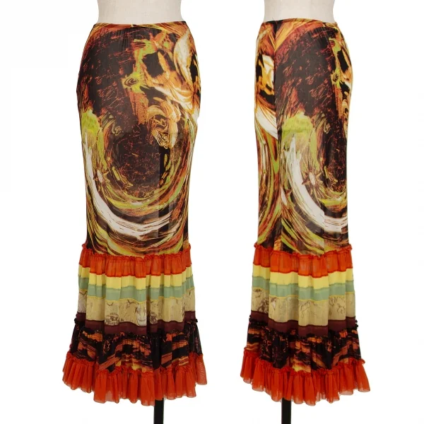 Jean-Paul GAULTIER Graphic Printed Frill Mesh Skirt Multi-Color 40 K-132817_001