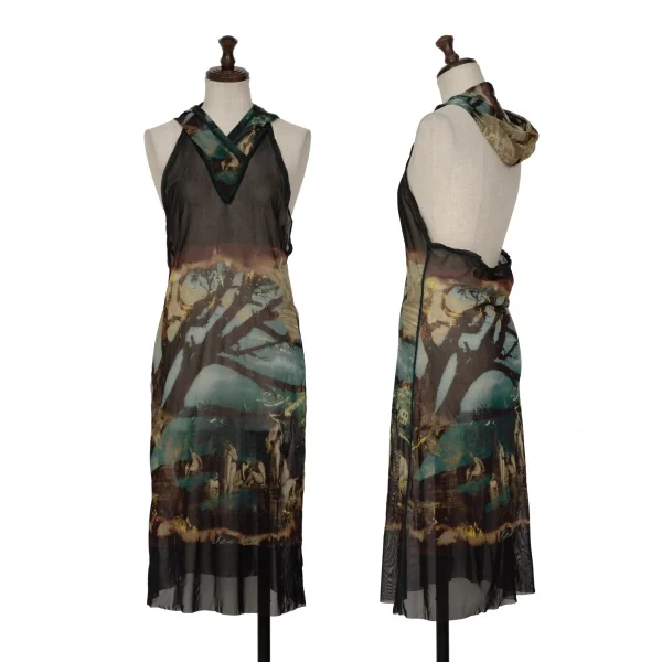 Jean-Paul GAULTIER FEMME Graphic Print Halter Neck Hooded Dress Green 40 K-132829_001