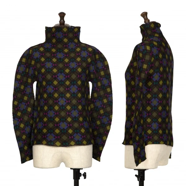 ISSEY MIYAKE me Argyle Printed Stretch Pleats T Shirt Khaki-green Free K-133130_001
