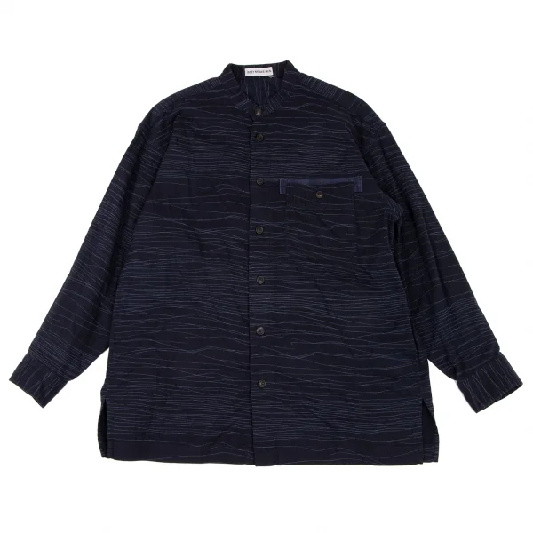 イッセイミヤケ メンISSEY MIYAKEMEN コットンランダムボーダーマオカラーシャツ 紺M K-133214_001