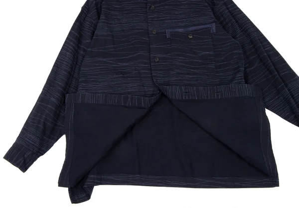 イッセイミヤケ メンISSEY MIYAKEMEN コットンランダムボーダーマオカラーシャツ 紺M K-133214_010