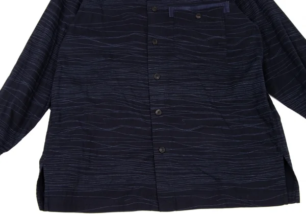 イッセイミヤケ メンISSEY MIYAKEMEN コットンランダムボーダーマオカラーシャツ 紺M K-133214_009