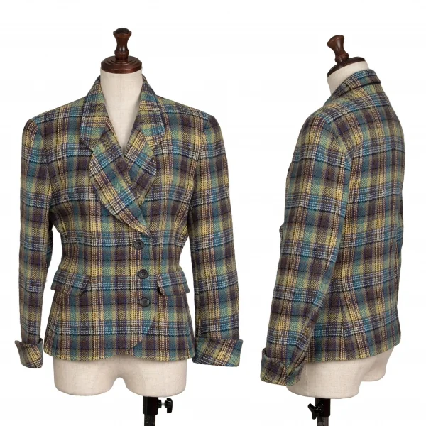 ケンゾーKENZO ウールチェック織りジャケット 緑青黄茶S K-133256_001