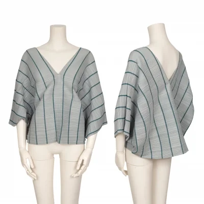 PLEATS PLEASE Pleated Striped V-neck T Shirt