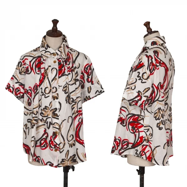 ヴィヴィアンウエストウッド レッドレーベルVivienne Westwood Red Label コットン総柄ネックギャザーデザインシャツ 白黒赤ベージュ1 K-133416_001