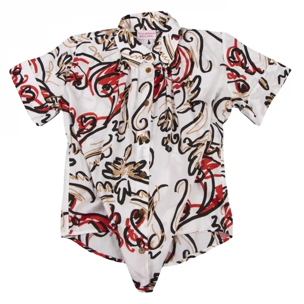ヴィヴィアンウエストウッド レッドレーベルVivienne Westwood Red Label コットン総柄ネックギャザーデザインシャツ 白黒赤ベージュ1 K-133416_002