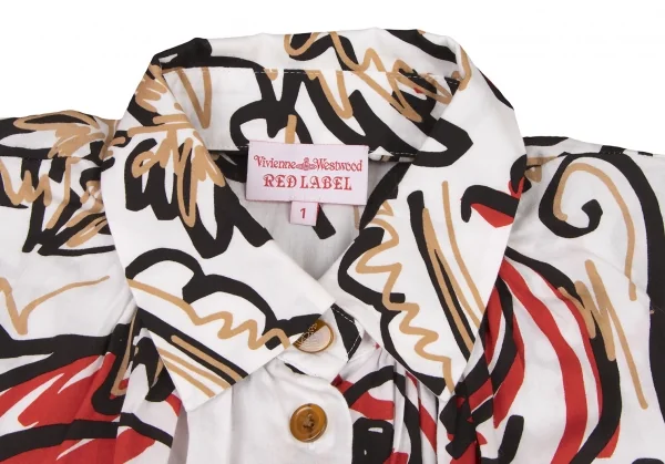 ヴィヴィアンウエストウッド レッドレーベルVivienne Westwood Red Label コットン総柄ネックギャザーデザインシャツ 白黒赤ベージュ1 K-133416_006