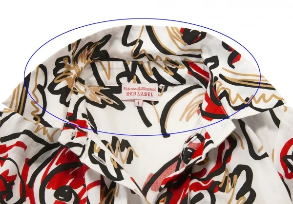 ヴィヴィアンウエストウッド レッドレーベルVivienne Westwood Red Label コットン総柄ネックギャザーデザインシャツ 白黒赤ベージュ1 K-133416_007