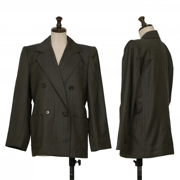 イヴサンローランYves Saint Laurent オーバーチェックダブルジャケット 緑紫黄S K-133810_001