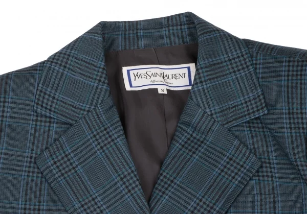 イヴサンローランYves Saint Laurent オーバーチェックダブルジャケット 青黒緑S K-133813_004