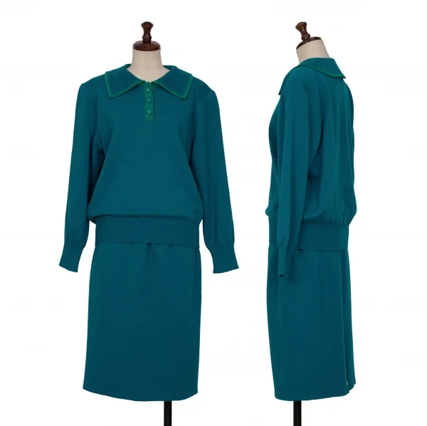イヴサンローランYves Saint Laurent ウールニット長袖ポロシャツ ターコイズ緑M K-133819_014