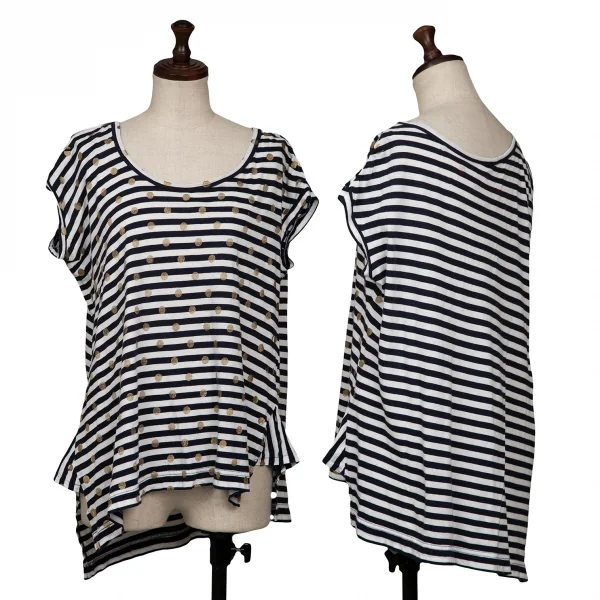 Y's Glitter Dot Printed Stripe Asymmetry T Shirt White,Navy 2 K-134049_001