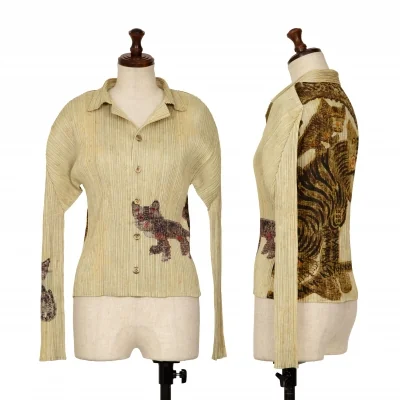 PLEATS PLEASE Tiger Cat Print Pleated Long Sleeve Shirt