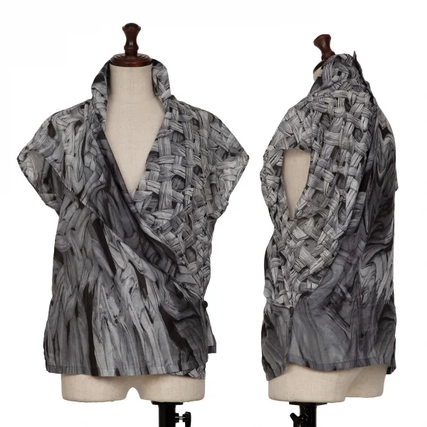 イッセイミヤケISSEY MIYAKE ファブリックプリントカシュクールトップス 白グレー黒2 K-134177_001