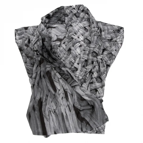 イッセイミヤケISSEY MIYAKE ファブリックプリントカシュクールトップス 白グレー黒2 K-134177_002