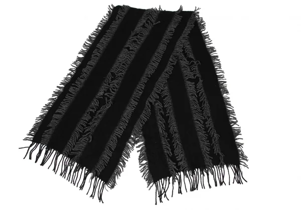 イッセイミヤケISSEY MIYAKE ウールフリンジ装飾マフラー 黒グレー K-134210_002