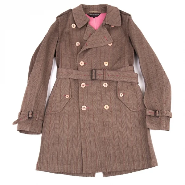 コムデギャルソン オムプリュスCOMME des GARCONS HOMME PLUS 製品染めストライプダブルコート 茶ピンク紫M K-134237_001