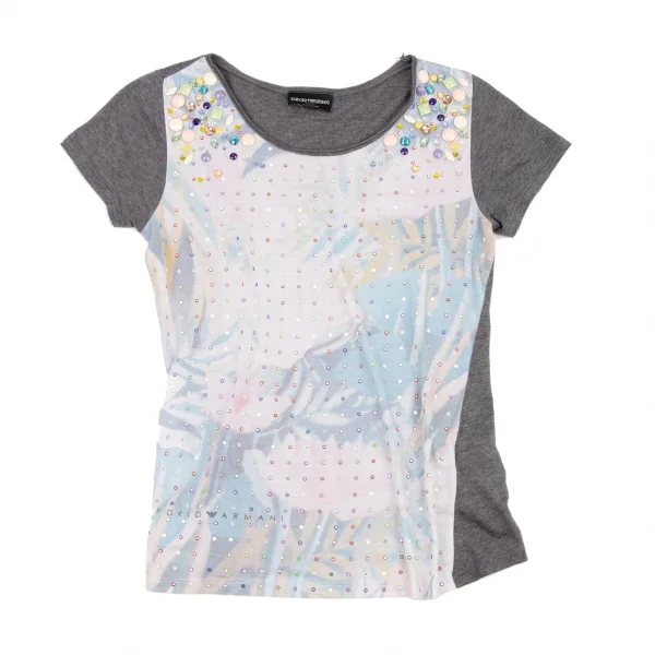 エンポリオアルマーニEMPORIO ARMANI ビジュー装飾プリントTシャツ グレー水色他38 K-134265_002