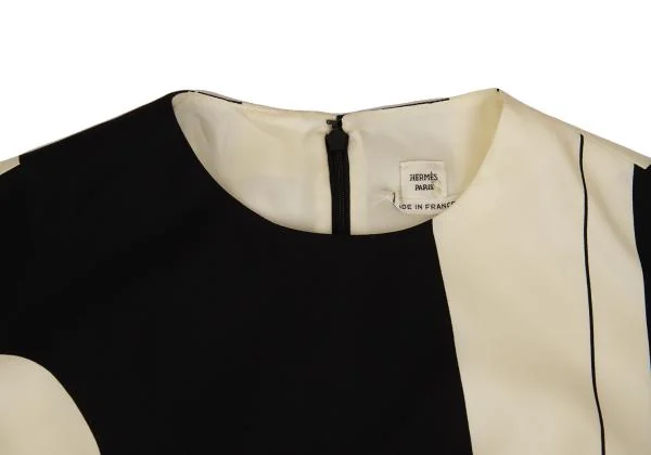 エルメスHERMES シルク幾何学柄ノーカラーワンピース オフ黒38 K-134534_006