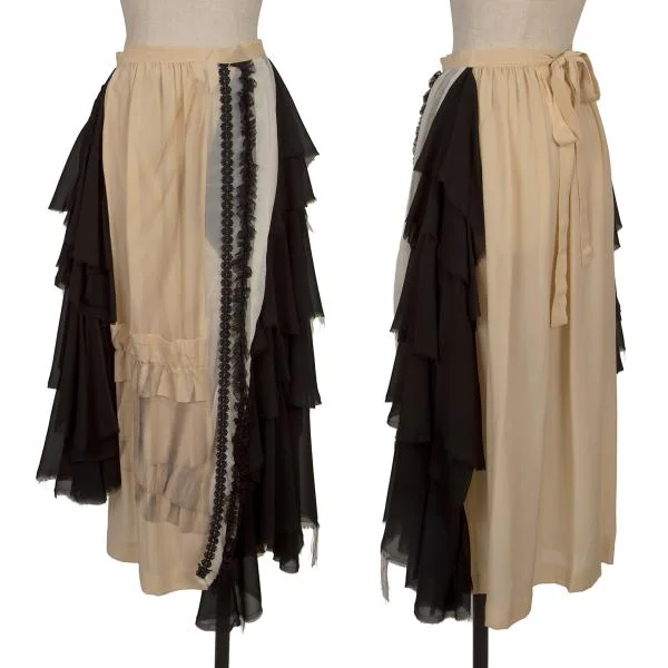 COMME des GARCONS Transfer Print Frill Design Wrap Skirt Black,Beige M K-134616_001