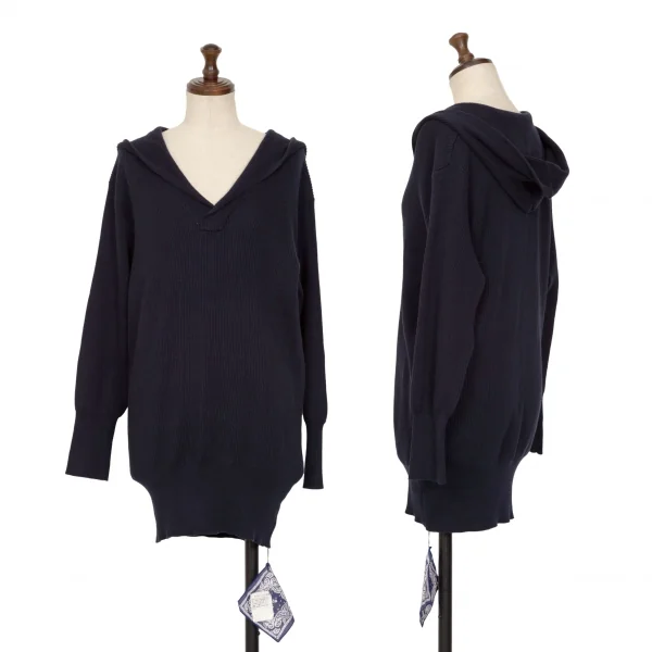 45R Cotton Hoodie V Neck Knit Sweater Navy 3 K-134867_001