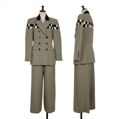 ジャンポールゴルチエクラシックJean Paul GAULTIER CLASSIQUE ウールギャバチェッカーデザインセットアップスーツ グレージュ黒