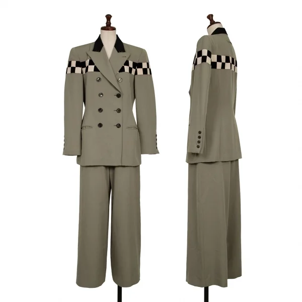ジャンポールゴルチエクラシックJean Paul GAULTIER CLASSIQUE ウールギャバチェッカーデザインセットアップスーツ グレージュ黒40 K-135029_001