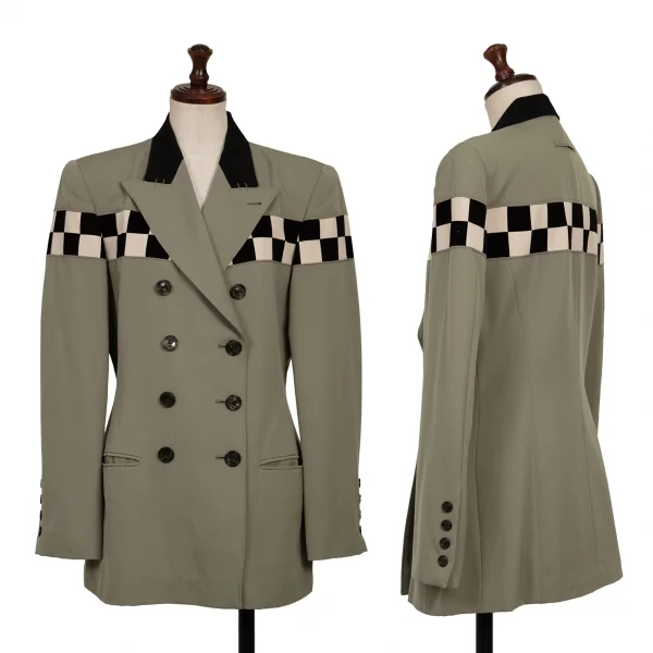 ジャンポールゴルチエクラシックJean Paul GAULTIER CLASSIQUE ウールギャバチェッカーデザインセットアップスーツ グレージュ黒40 K-135029_002