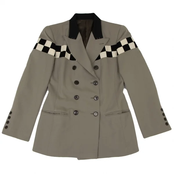 ジャンポールゴルチエクラシックJean Paul GAULTIER CLASSIQUE ウールギャバチェッカーデザインセットアップスーツ グレージュ黒40 K-135029_003