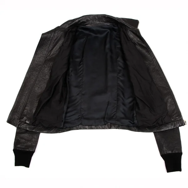 リックオウエンスRICK OWENS ラムレザー切替ハイネックジャケット 黒XS